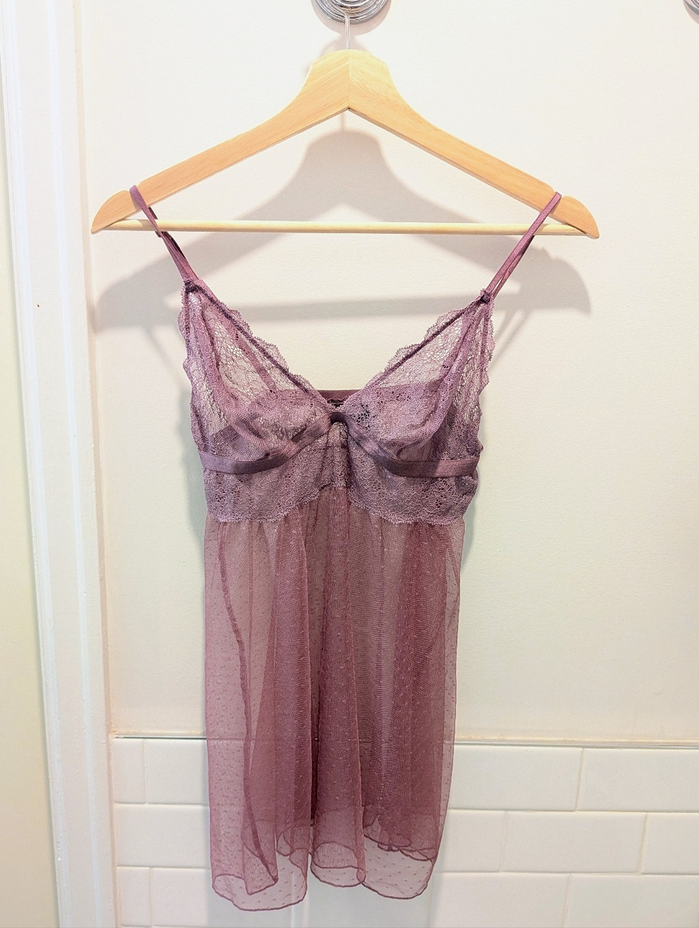 Victoria's Secret Lace Mesh Babydoll Slip Dusty Mauve Purple L Chemise Coquette